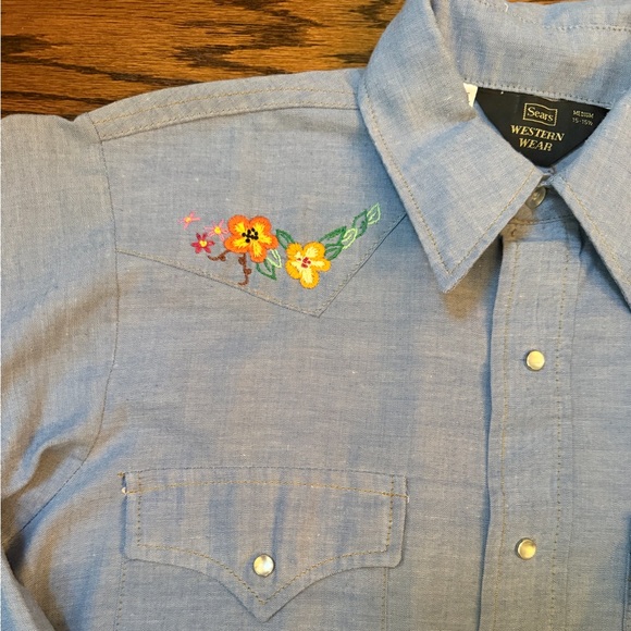 Vintage Sears Chambray Embroidered Western Shirt with Pearl Snaps sz M - Picture 4 of 14